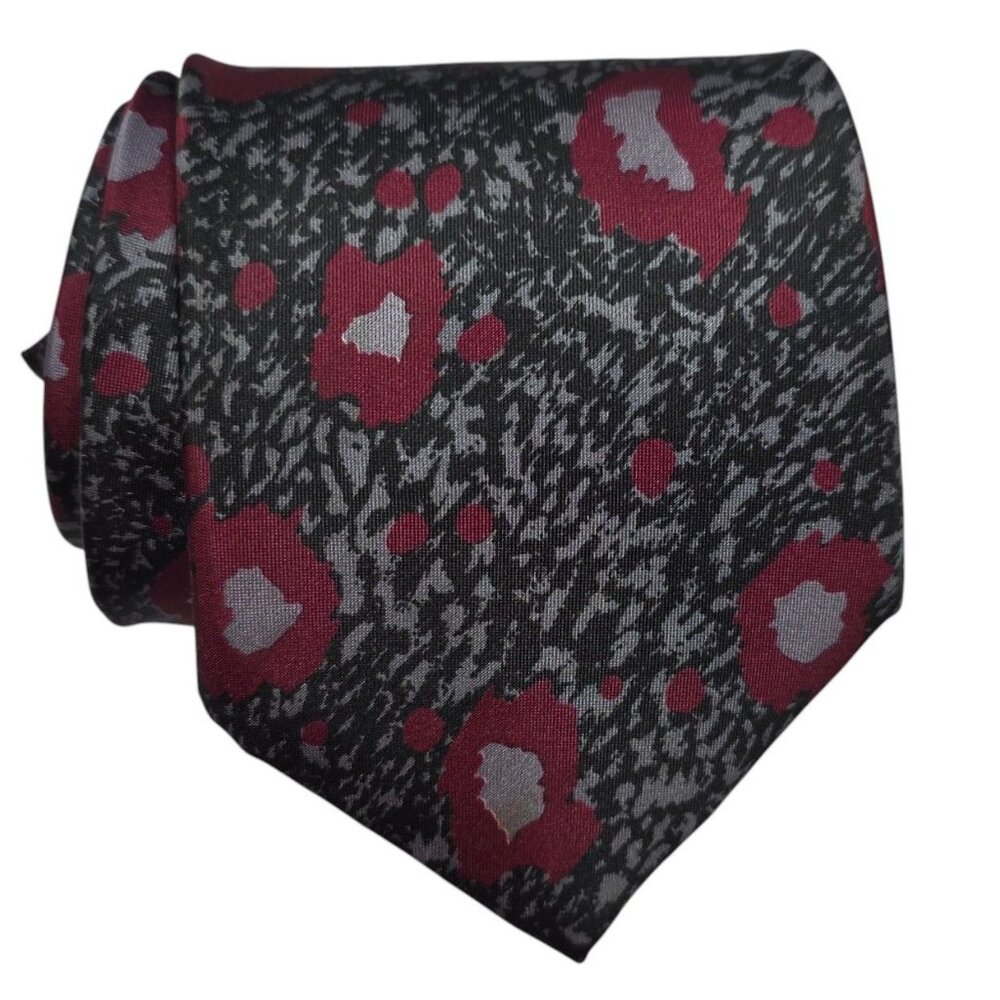 Prince Gino Woven Silk Tie Gray & Red Floral Pattern Italy